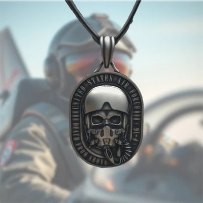 Collar de piloto de combate calavera de la Fuerza Aérea joyería colgante plateado vintage Foto 1 de 4