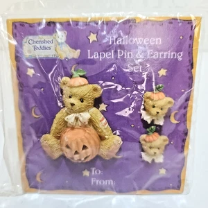 VTG Cherished Teddies Halloween Brooch Pin & Earrings Resin Pumpkin 1995 NEW - Picture 1 of 12