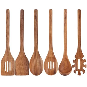 Juego de utensilios de madera de acacia - 6 cucharas de madera hechas a mano para cocinar, Natura... - Imagen 1 de 8