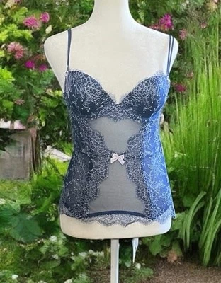 Victoria's Secret Bustier Corset Top 34B Navy Blue Lacy Sexy Underwire Boning - Image 1 of 4