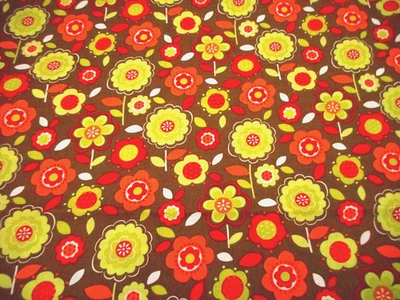 Tela Floral Por Media Yarda Naranja Verde Lima Rojo Floral sobre Algodón Marrón #B PC Foto 1 de 2