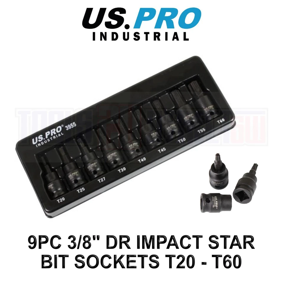 US PRO INDUSTRIAL 9pc 3/8” DR Impact Torx Star Bit Sockets Set T20 - T60 3955 - Image 1 of 4