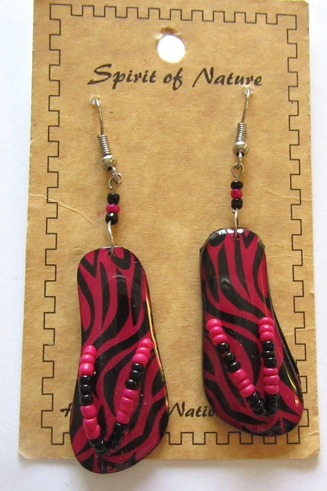  Pendientes Spirit of Nature - chanclas estampado cebra - rosa caliente negro - cuentas semillas Foto 1 de 1