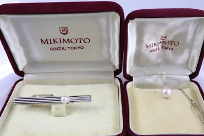 Vintage Mikimoto Pearl Tie Clip and Tie Tack Pin Set Silver 925 w/Case - Image 1 of 4