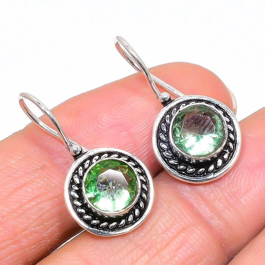 Green Amethyst Gemstone Handmade 925 Sterling Silver Jewelry Earring Size 1" - Image 1 of 1