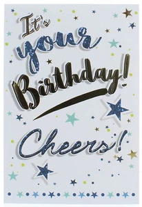 "Tarjeta de cumpleaños masculina abierta - lámina para escribir vítores con estrellas y círculos 7,75x5,25" - Imagen 1 de 1