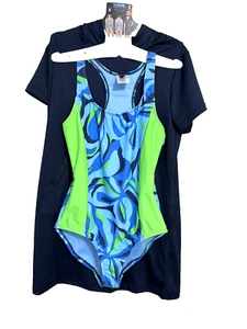 Spyder Swim Set Girl Large 12/14 Navy Hooded Cover Up One Piece Swimsuit 30+ UPF - Picture 1 of 8