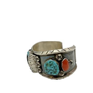 ML Native American Navajo Zuni Silver Turquoise Coral Cuff Bracelet Vintage - Picture 1 of 14