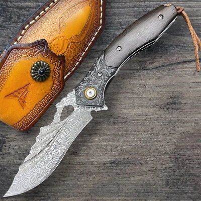 Damascus Steel Folding Knife – VG10 Core Blade – Ebony Handle – Pocket EDC Knife - Image 1 of 4