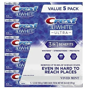 Crest 3D White Ultra Whitening Toothpaste, Vivid Mint, (5.3 Ounce, 5 Pack) - Picture 1 of 4