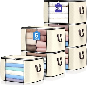 90 L Large Storage Bags, 6 Pack Clothes Storage Bins Foldable Closet Organizers  - Picture 1 of 12
