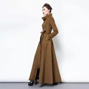Women Ladies Maxi Long Full Length Belted Coat Single Breasted Wool Blend Trench - Picture 1 of 14