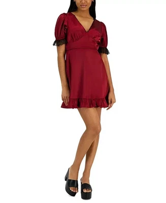 Kit & Sky Dress Juniors S Red Satin Whimsygoth Lace Trimmed Ruby Short Sleeve - Image 1 of 4