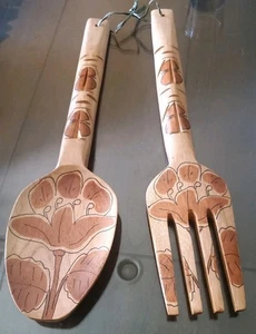 Carved Wooden Spoon and Fork Wall Decor NEW PHILIPPINES BAHAY PINOY DISPLAY - Picture 1 of 9