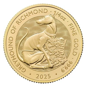 2025 U.K. 25 Pound 1/4 oz Gold Tudor Beast Greyhound of Richmond Brilliant - Picture 1 of 3