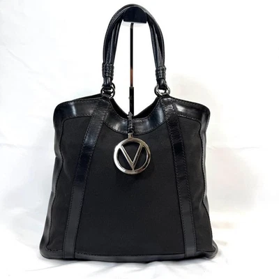 Valentino Garavani ручная сумка с короткими ручками сумочки логотип подвеска холст кожи черный подлинный - Изображение 1 из 4