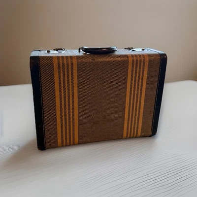 Antique Striped TWEED SUITCASE Vintage Distressed Hardshell Luggage Leather Edge - Image 1 of 4