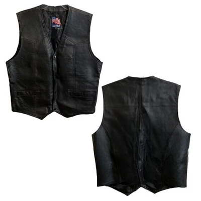 美国男式黑色皮革摩托背心 XL 码按扣口袋 — 第 1/4 张图片
