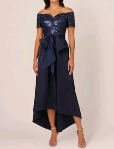BNWT ADRIANNA PAPELL NAVY SEQUIN OFF SHOULDER MIDI DRESS GOWN BOW UK SIZE 6/US 2 - Picture 1 of 4