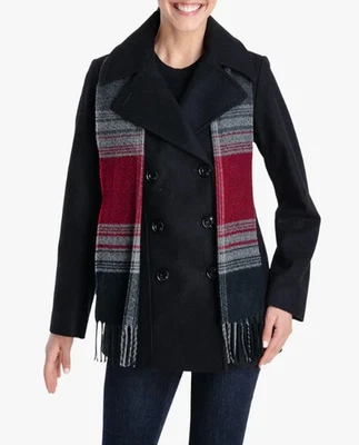 London Fog Women's Double Breasted Black  Pea Coat With Scarf -NEW- XL - Image 1 of 3