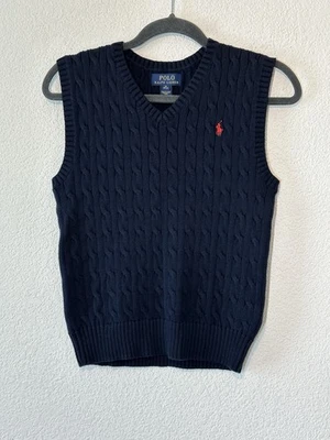 Polo Ralph Lauren Sweater Vest Youth Medium 10-12 Cable Knit Red Pony V Neck - Image 1 of 4