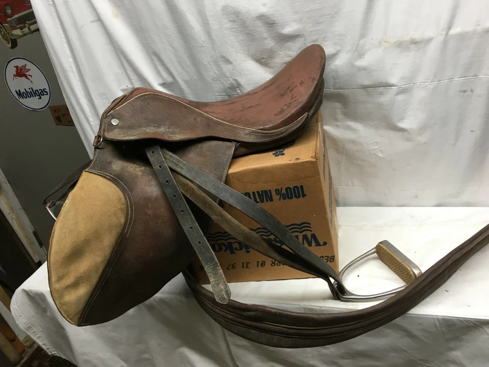 VINTAGE English LEATHER RIDING SADDLE WITH Metal STIRRUPS - Image 1 of 4