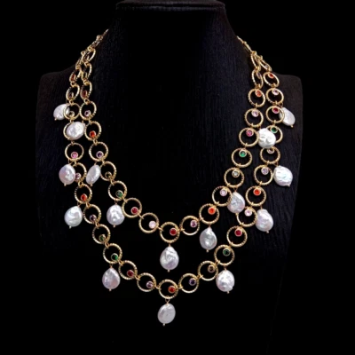 Collar de perlas moneda blanca cadena rosario pavé circonita cúbica de 2 hilos collar multicolor Foto 1 de 4