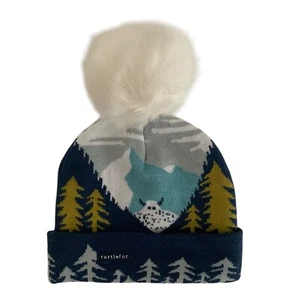 TURTLEFUR Kids Knit Hat YETI Mountains Faux Fur Pom - Picture 1 of 7