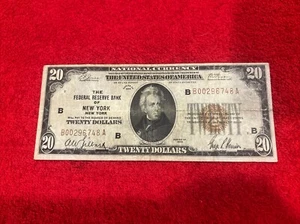 1929 Twenty Dollar Bill • $20 Brown Seal Note • New York NYC • B00296748A - Picture 1 of 2