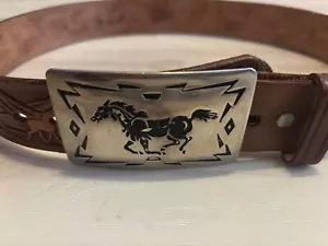 Vintage verzierter Ledergürtel Pferd Design mit Chambers Belt Co. Schnalle USA Western-Stil - Bild 1 von 7