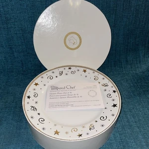 pampered chef set 4 Dessert plates 1996 Celebration white with Gold NIB 8 inches - Picture 1 of 8