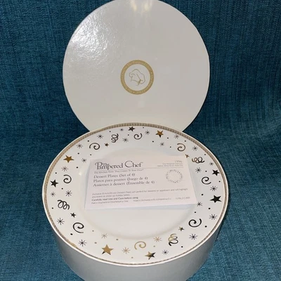 pampered chef set 4 Dessert plates 1996 Celebration white with Gold NIB 8 inches - Image 1 of 4