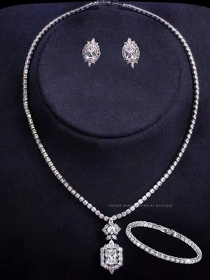 18k White Gold Plated Classic Crystal Bridal Jewelry Set Lab-Created Swarovski  - Image 1 of 4