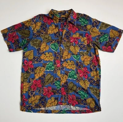 Vintage Marc Edwards Tropical Hawaiian Shirt Blue Floral Rayon Sz L Short Sleeve - Image 1 of 4