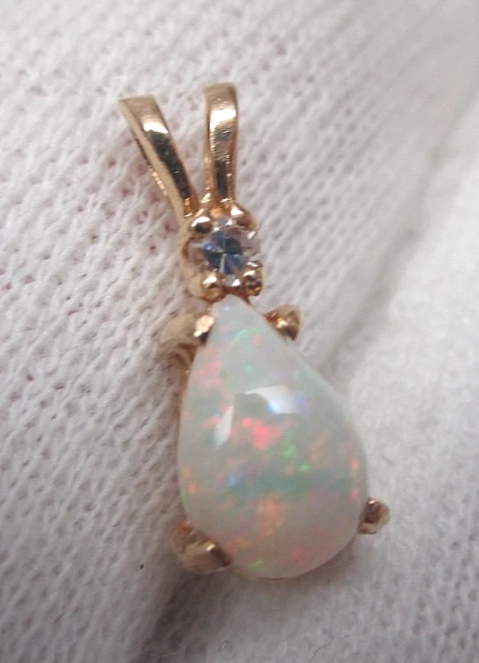 Vintage 14k Yellow Gold Fiery White Opal and Single Cut Diamond 0.5 Inch Pendant - Image 1 of 4
