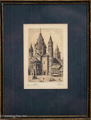 Beautiful Antique Etching Of Mainz Cathedral Germany Illegibly Signed & FINE! • 150€