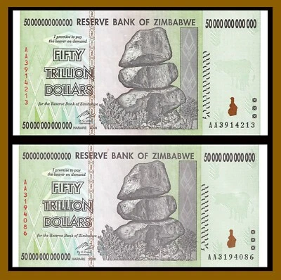 2 PCS x ZIMBABWE 50 TRILLION DOLLARS 2008 AA BANKNOTE GEM UNC 100 TRILLION COA - Image 1 of 2