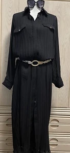 ZARA Women’s Dress Long Sheer Sleeve Black Pleated Belted Dress . Sz M. New. - Picture 1 of 17