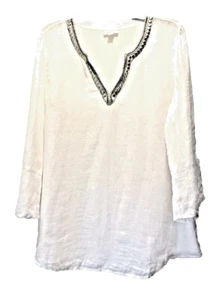 J Jill Love Linen Tunic Top Womens Medium Beaded Embellished 3/4 Sleeve White - Picture 1 of 11