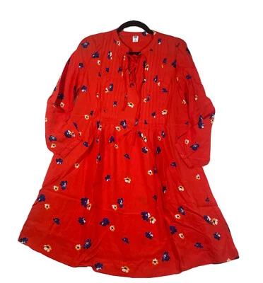 Old Navy Shirt Dress Women's Orange Floral Pintuck Lace-Yoke Rayon Peasant - Image 1 of 4