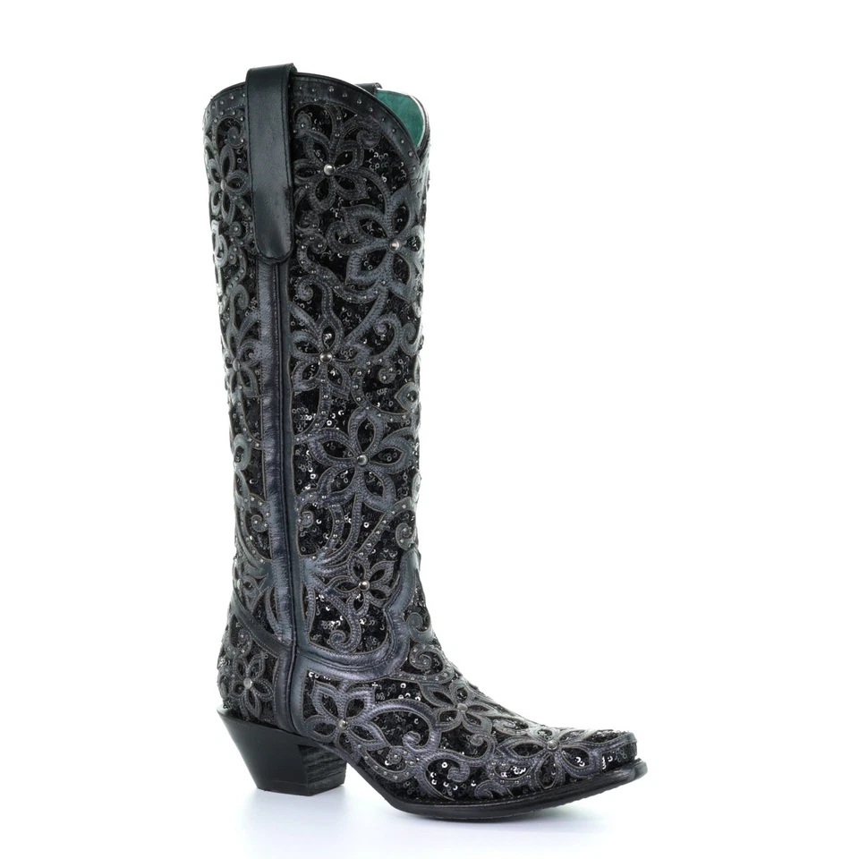 Corral Western Boots Womens Floral Inlay Studs 5.5 M Black A3589