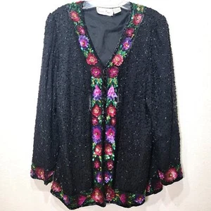 Laurence Kazar Silk Beaded Jacket M Vintage 80s Black Floral Bling Lined - Picture 1 of 8