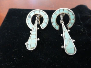 VTG 1950'S LONG MEXICAN STERLING SILVER TURQUOISE SCREW EARRINGS - Picture 1 of 7
