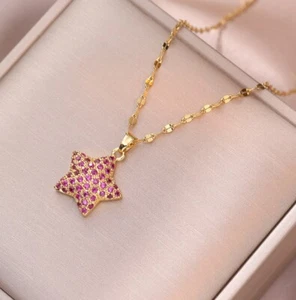 Titanium Unisex Gold Star Starfish Pave Red CZ Pendant Chain Necklace - Picture 1 of 3