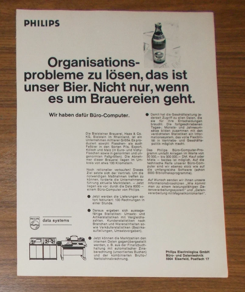 Seltene Werbung PHILIPS Büro-Computer - Organisationsprobleme lösen 1970 - Image 1 of 1