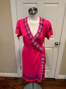 Nanette Lepore Hot Pink Wrap-Dress W/ Striped Ruffle Detail, Size Medium - Picture 1 of 9