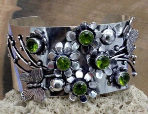 925 Sterling Silver Green Peridot Gemstone Handmade Cuff Bracelet Jewelry S-ADJ - Picture 1 of 7