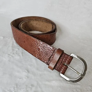 Vtg Talbots 40in Stamped Brown Leather Womens Belt Floral Gray Brass Geometric - Picture 1 of 8