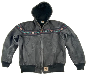 Vintage Aztec Carhartt Jacket Mens Med OR Large Faded Black Hooded Zip 90s B54 - Picture 1 of 18