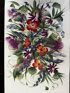 Aquarell Gemälde Original Blumenstrauß 17x12 lila orange grüne Lilien + - Bild 1 von 5